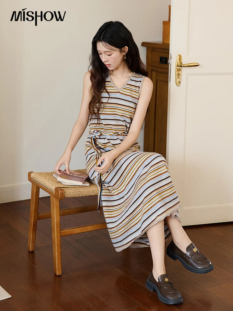 MISHOW Women's Striped V-neck Dress Autumn 2025 Loose Sleeveless Core Spun Yarn Dresses Tied Waist Casual Long Dress MXE46L2521