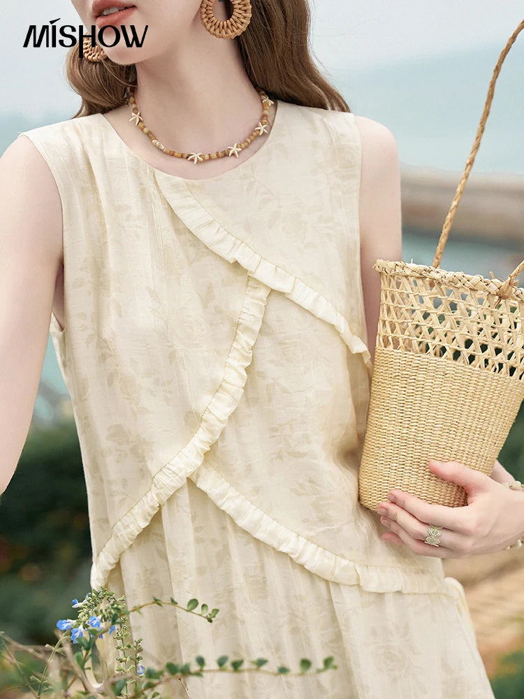 MISHOW French Sleeveless Suspender Dress for Women Summer Round Neck Auricularia Auricula Edge Lace-up Vest Dresses MXD26L1821