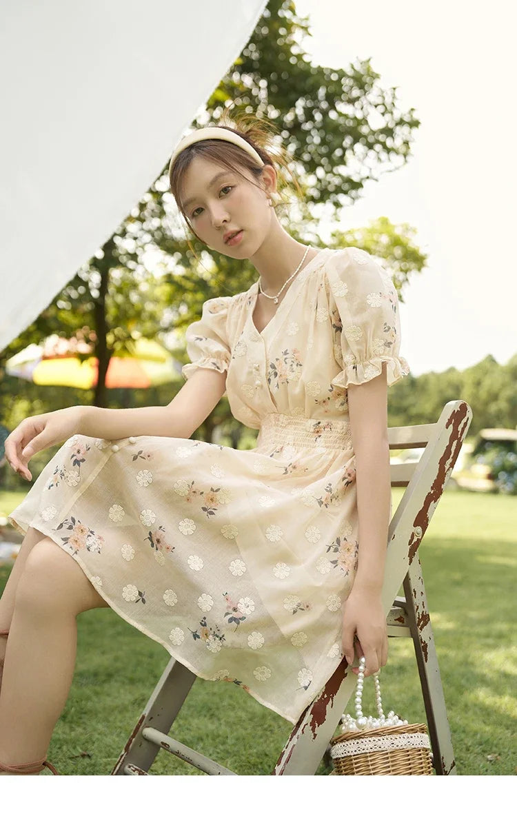 MISHOW Women's Chiffon Dress 2025 Summer French Elegant Floral Embroidered A-LINE V-Neck Sweet Knee-Length Dresses MXC38L1424