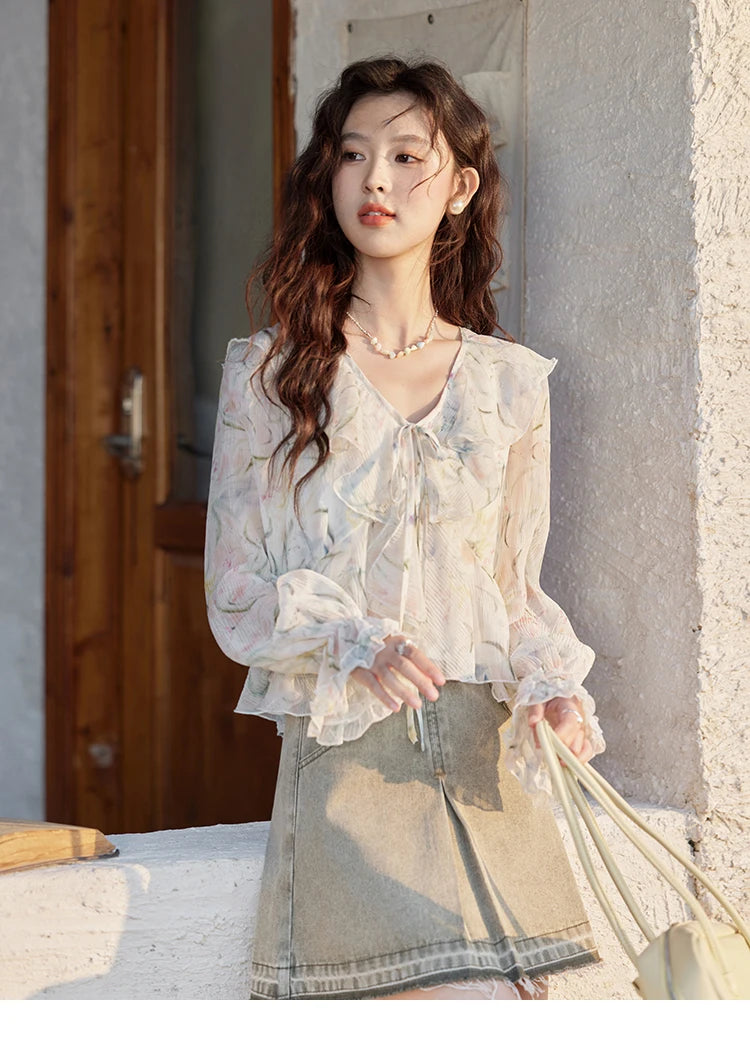 MISHOW Floral Blouse with Camisole Set V-Neck Lace Up MXE13X1718