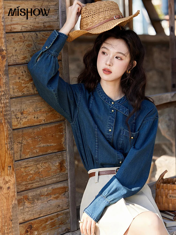 MISHOW 100 Cotton Denim Shirt French Retro Long Sleeved Shirt for Women 2025 Spring Loose Fit O Neck Casual Shirt Top MXE12C0384