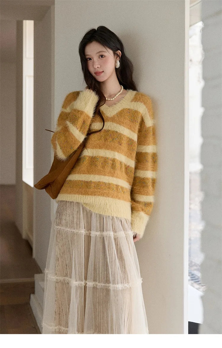 MISHOW Women's V-neck Knit Pullover Retro Yellow Striped Sweater 2025 Casual Faux Mink Jacquard Loose Knit Sweater MXE87Z2766