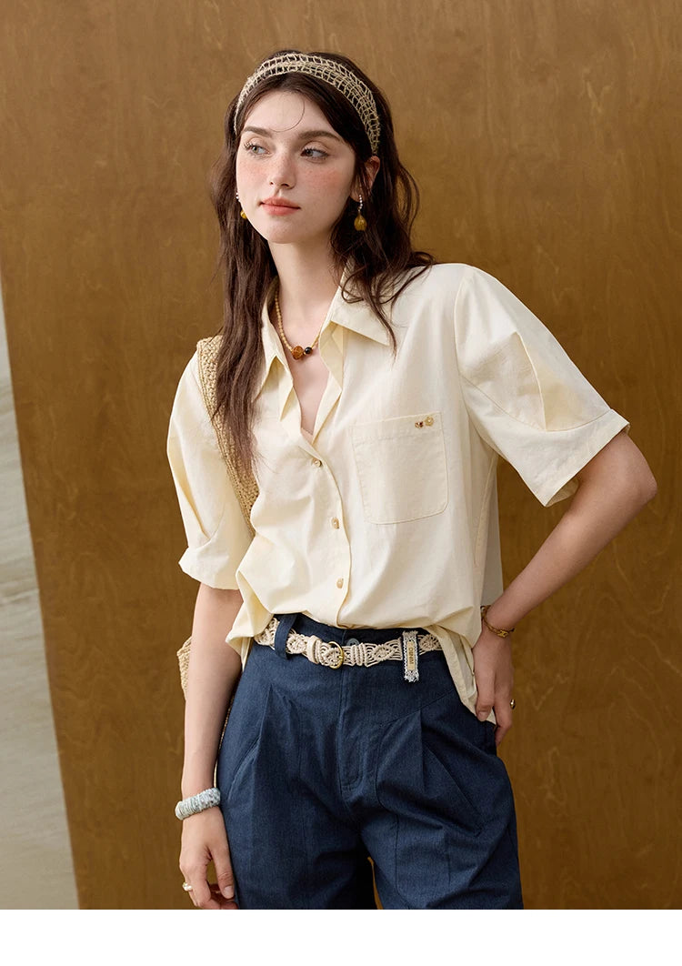 MISHOW New French Summer Shirts for Women New 2025 Short Sleeve Turn-down Collar Solid Slimming Blouses Lady Gentle MXE33C0778