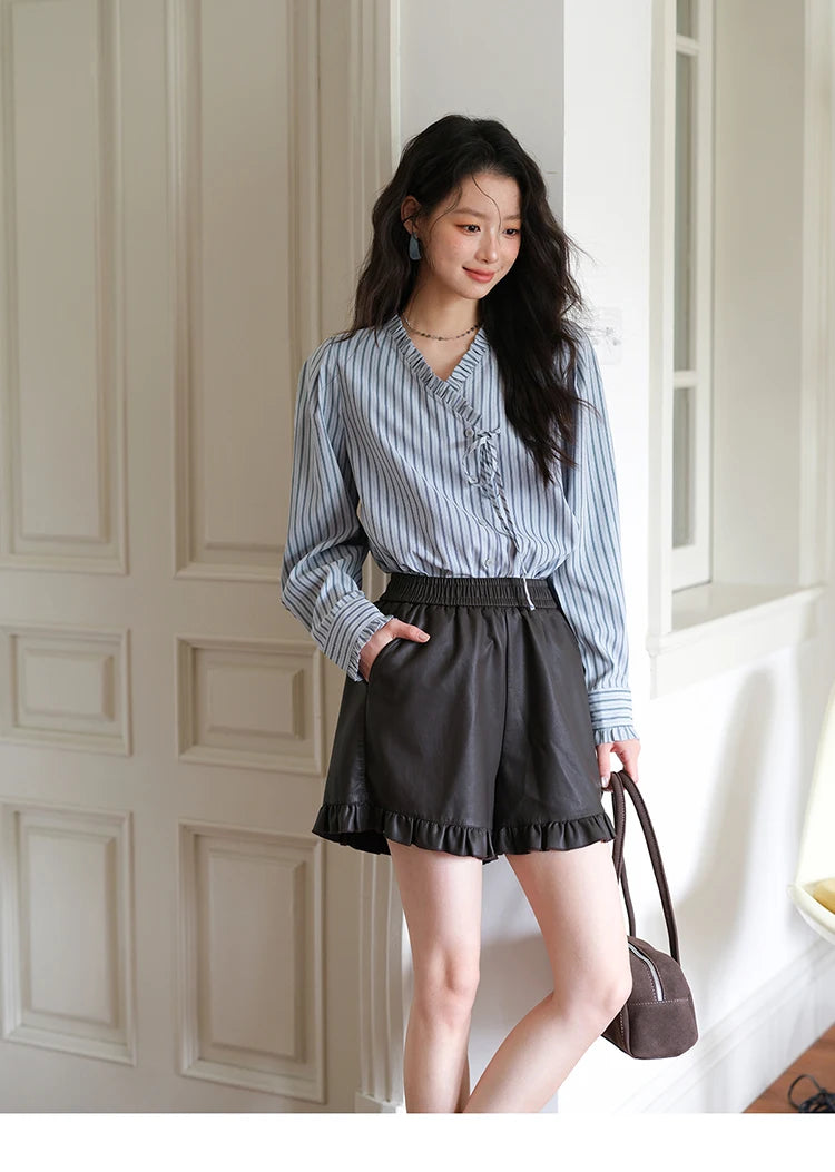 Mishow PU Leather High Waist Ruffle Hem Shorts MXE42K1068