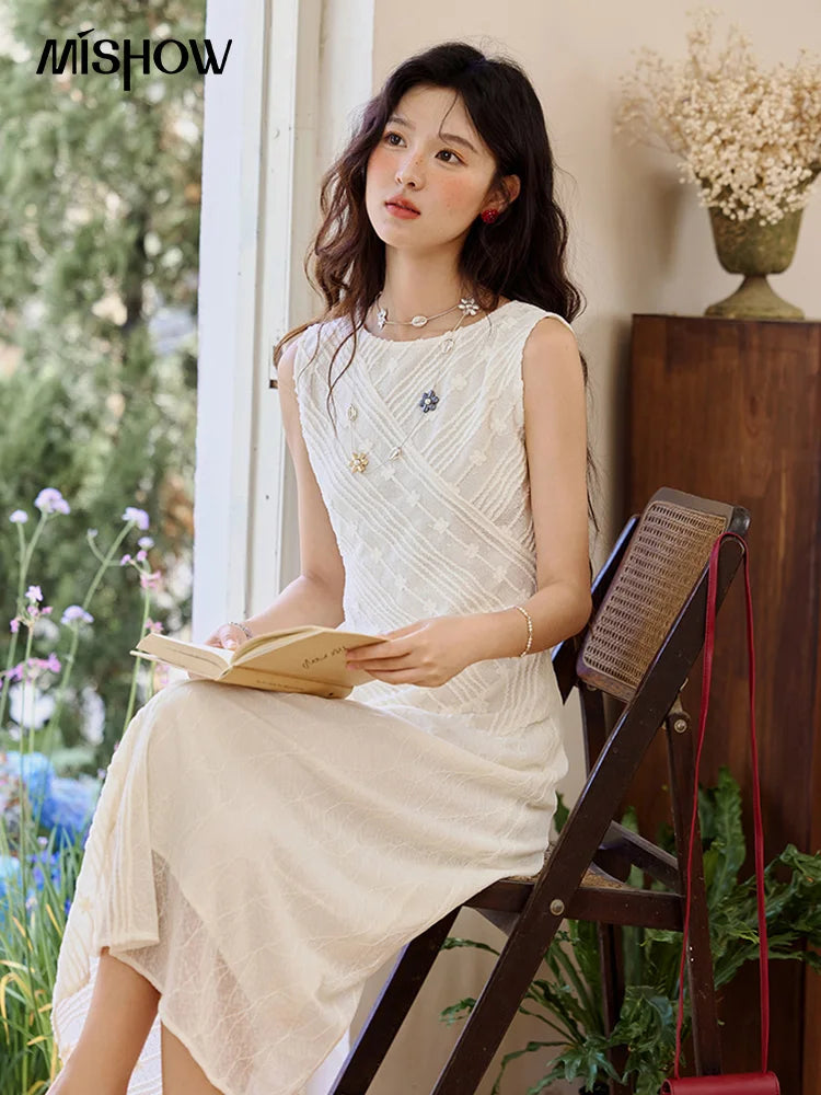 MISHOW Asymmetric Lace Fishtail Dress 2025 Summer Flower Embroidery Sleeveless Elegant Dress Round Neck Long Dresses MXE35L2301