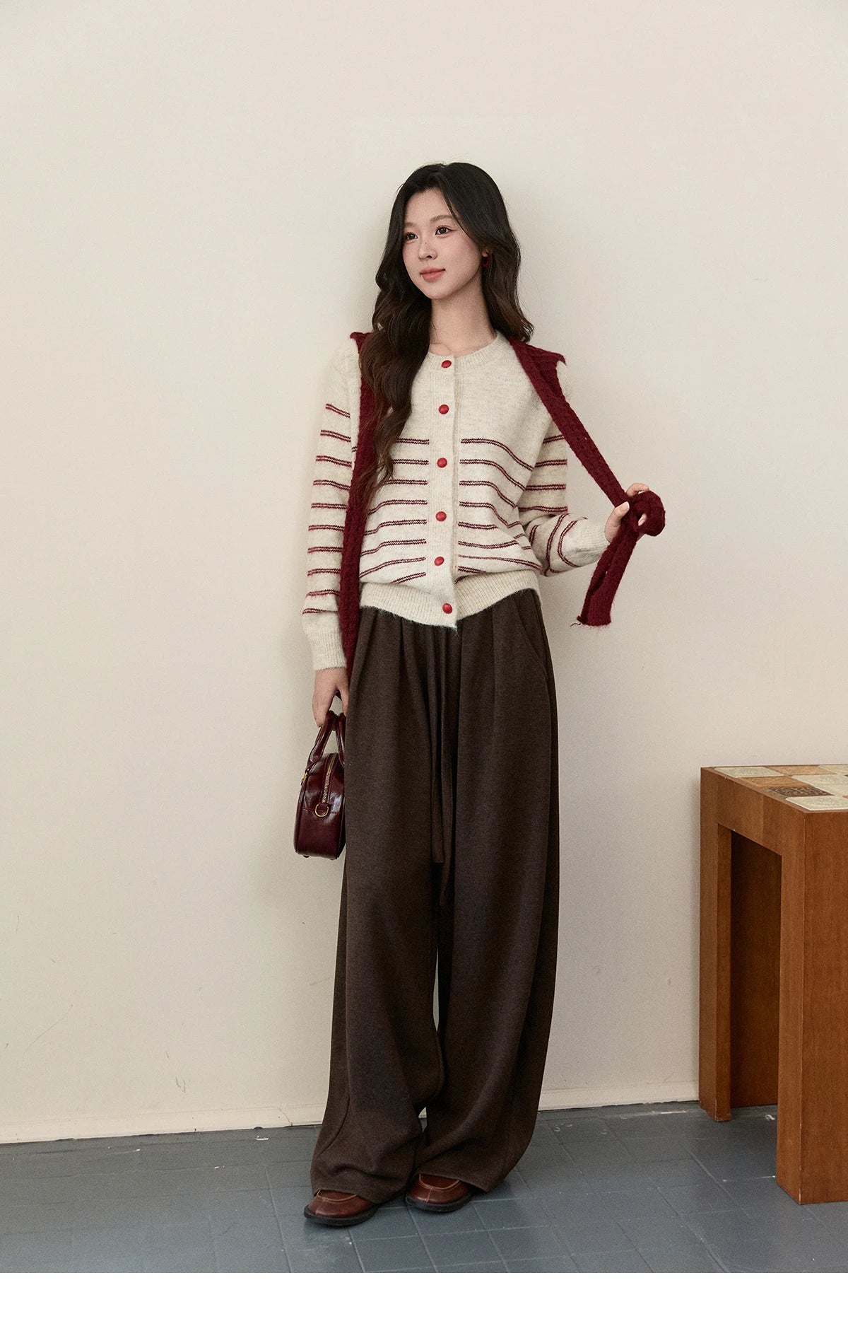 MISHOW Women's Beige Striped Knitted Cardigan 2025 Autumn Winter Red Scarf Decor Button O-Neck Warm Loose Sweaters MXE93Z2948