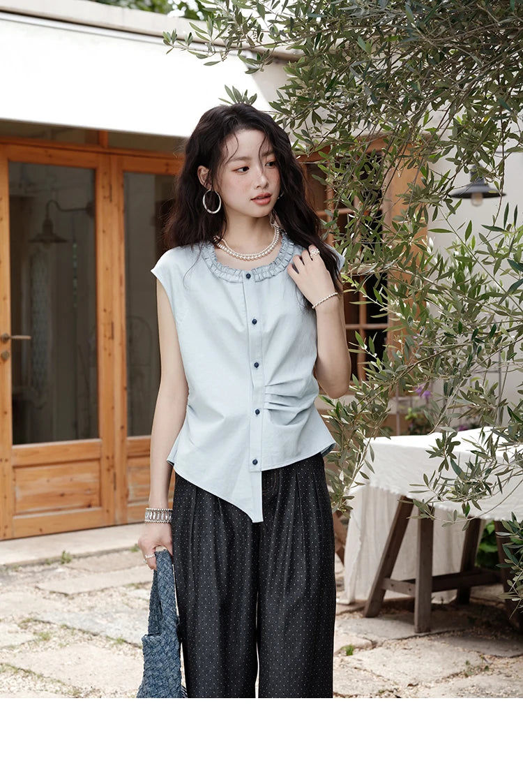 MISHOW Women's Casual Round Neck Shirt 2025 Summer New Office Lady Slim Shirt Sleeveless Button Top Female Clothing MXE38X1864