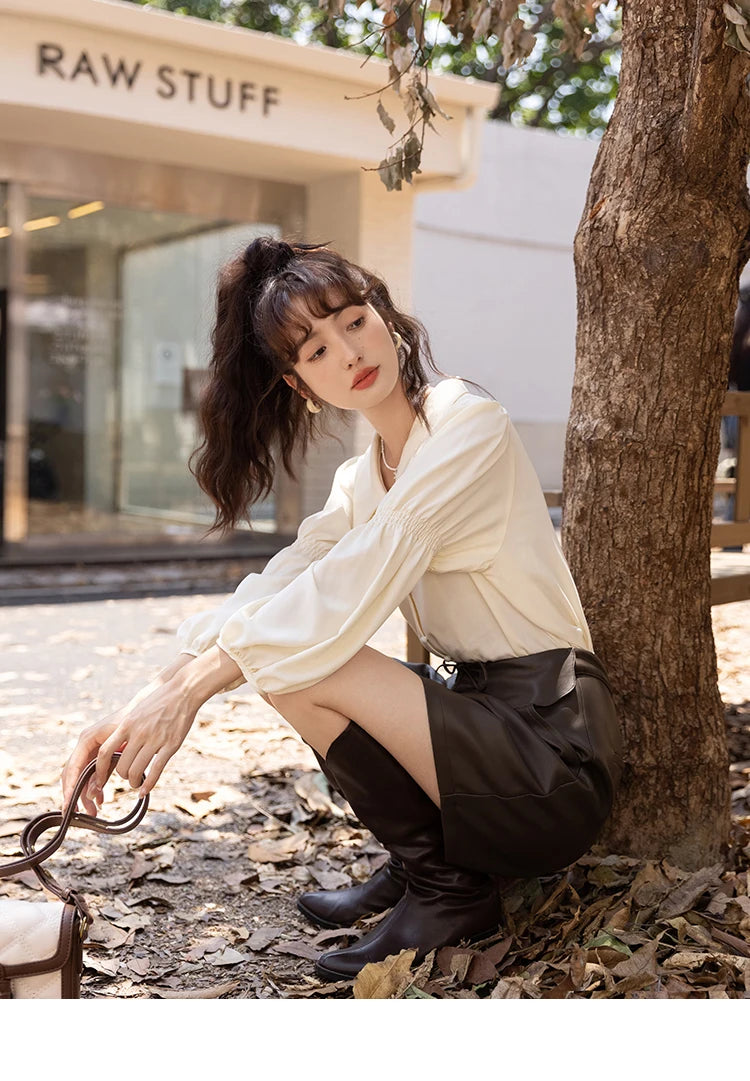 MISHOW Elegant Women's Blouse Autumn Vintage French Lantern Sleeves Turndown Collar Shirt Office Lady Female Clothing MXB32C0508