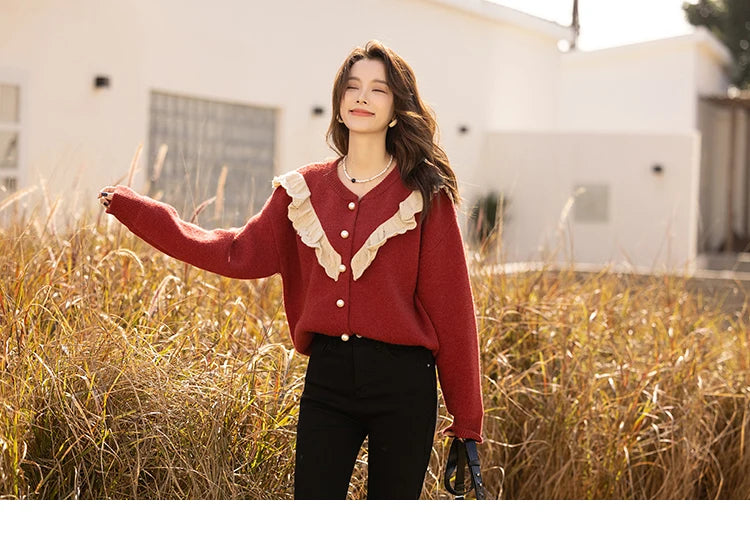 MISHOW Sweater Cardigan for Women Korean Fashion Ruffle Knitwears Autumn Winter Single Breasted Knitted Tops Jumpers MXB46Z1111