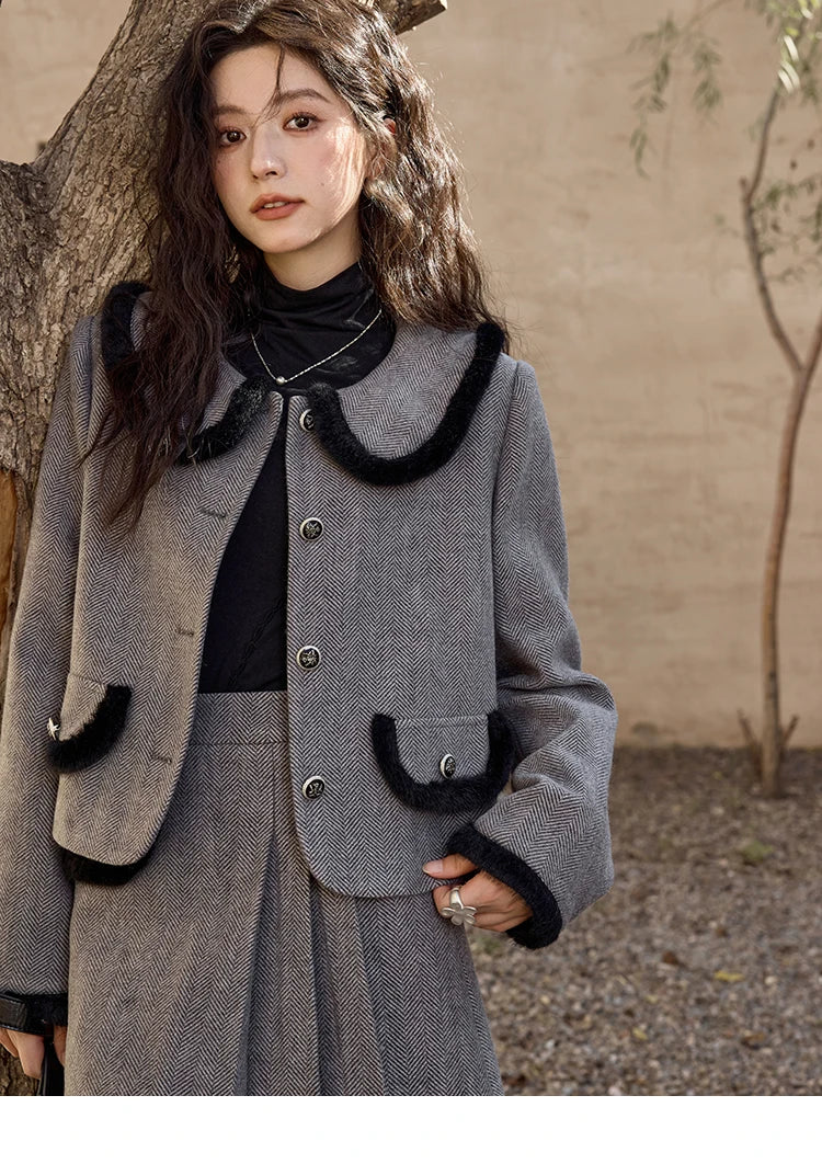 MISHOW Plaid Tweed Jacket Short Skirt Separately Women 2024 Winter Fashion Korean Collar Jacket Half Pleated Skirt MXD43W0442