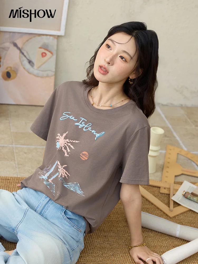 MISHOW Casual Print Shirts Women Summer New 2025 Short Sleeve Round Neck Loose Pure Cotton T-shirt Female Fashion MXE31T0533