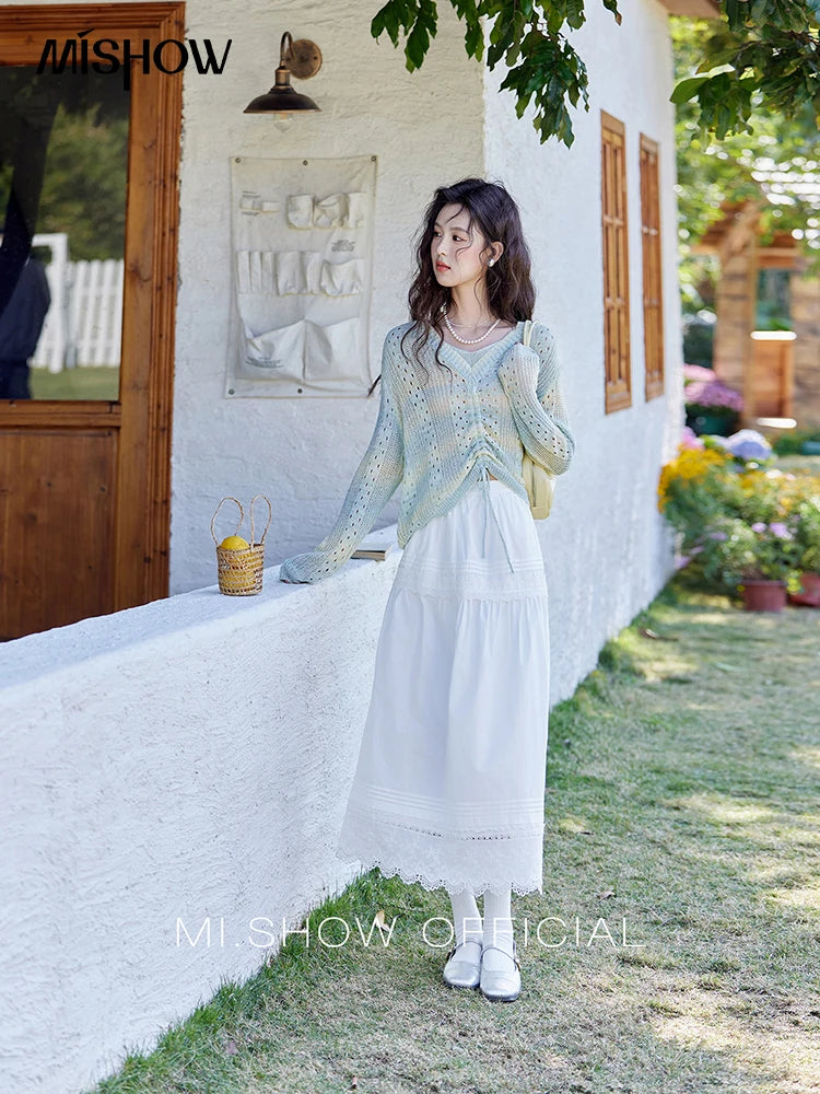 MISHOW Gradient Blue Green Knitted Sweater Women 2025 Autumn Long Sleeve V-neck Drawstring Tops New Fashion Sweaters MXE16Z1171