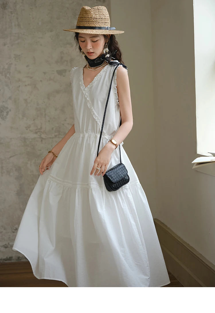 MISHOW Sleeveless Dress for Women Summer 2025 Drawstring Waist Simple Fashion Lace V-neck Dresses Female Clothing MXE37L2331