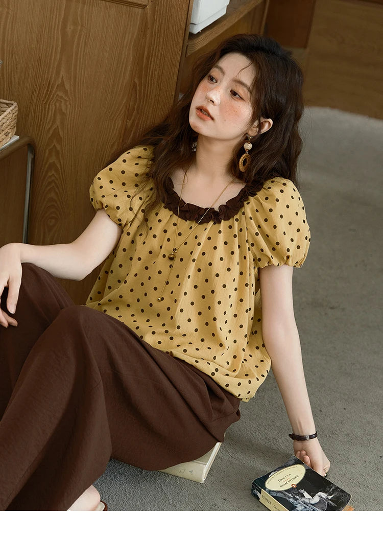 MISHOW 2025 Summer Women's Two Piece Set Polka Dot Puff Sleeve Top Casual Pocket Wide Leg Pants Set Female Clothing MXE39T0657