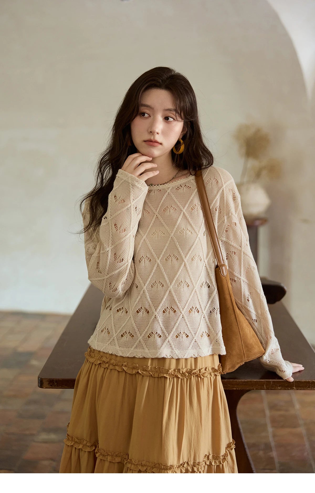 MISHOW Women's Diamond Patterned Knitted Top 2025 Autumn Bohemian Hollowed Out Thin Top Scoop Neck Knitted Sweaters MXE42Z1332