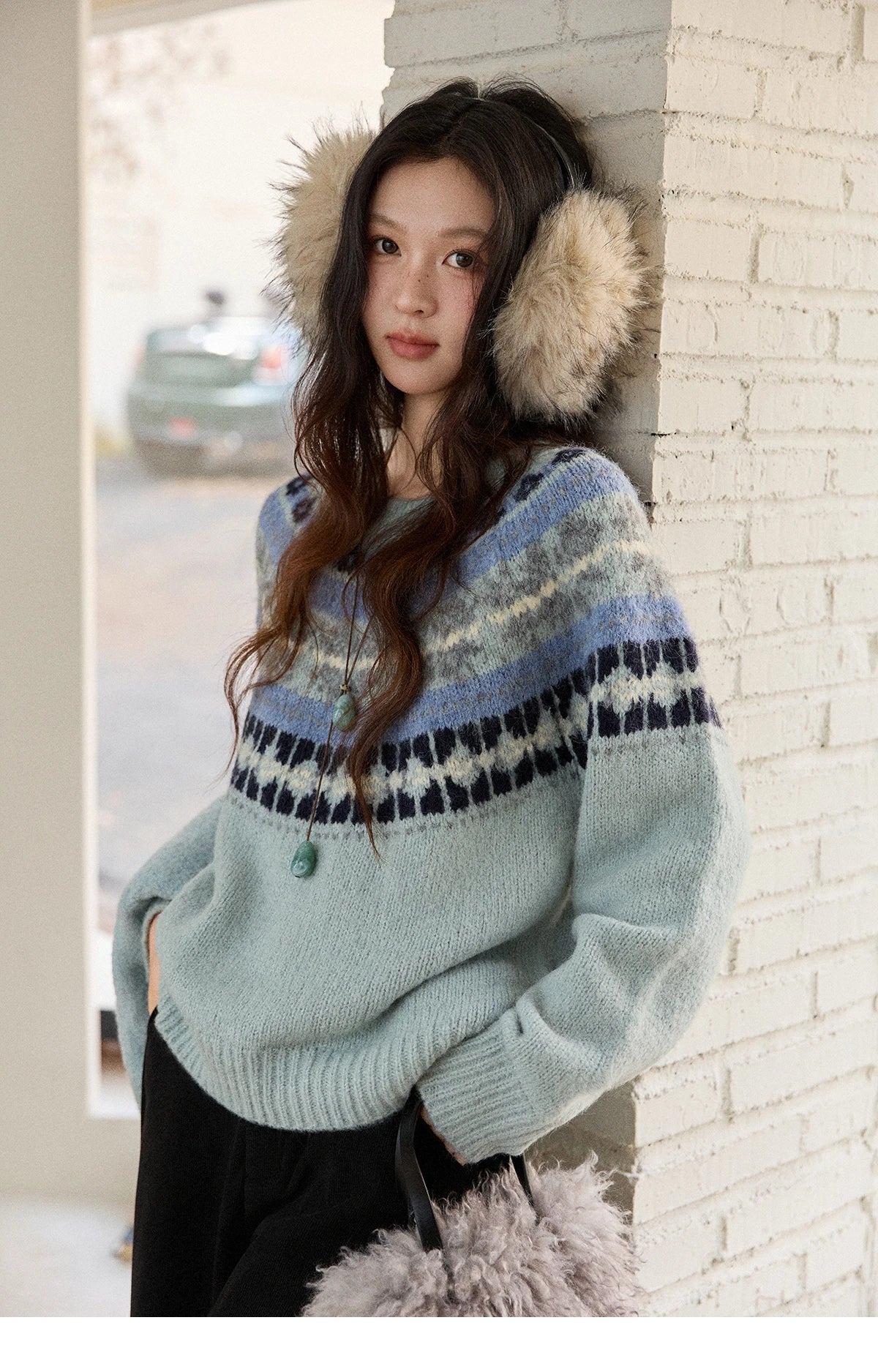 MISHOW Women's Blue Fair Isle Sweater 2025 Winter Geometric Jacquard Loose Retro Wool Blend Knit Pullovers Sweaters MXE87Z2767