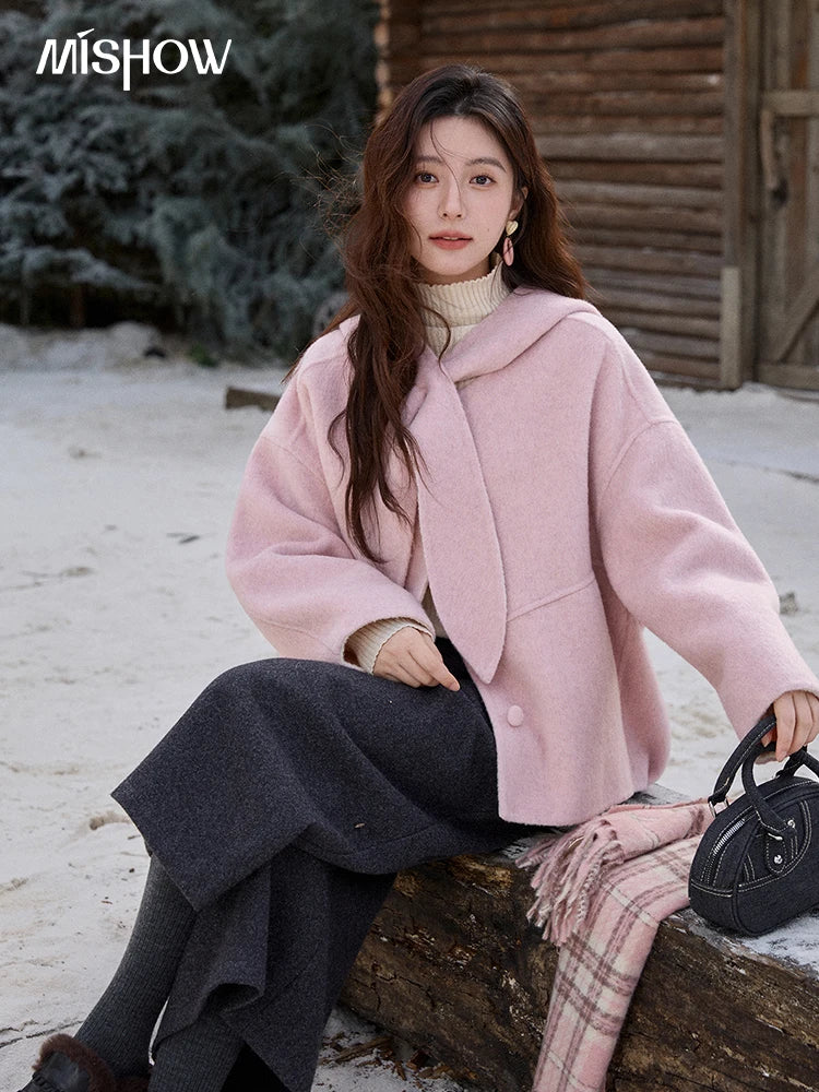 MISHOW Pink Wool Double-sided Woolen Coat Winter Hooded Bow Tie Strap Coats Loose Dropped Sleeves Coat Office Lady MXE91W1010