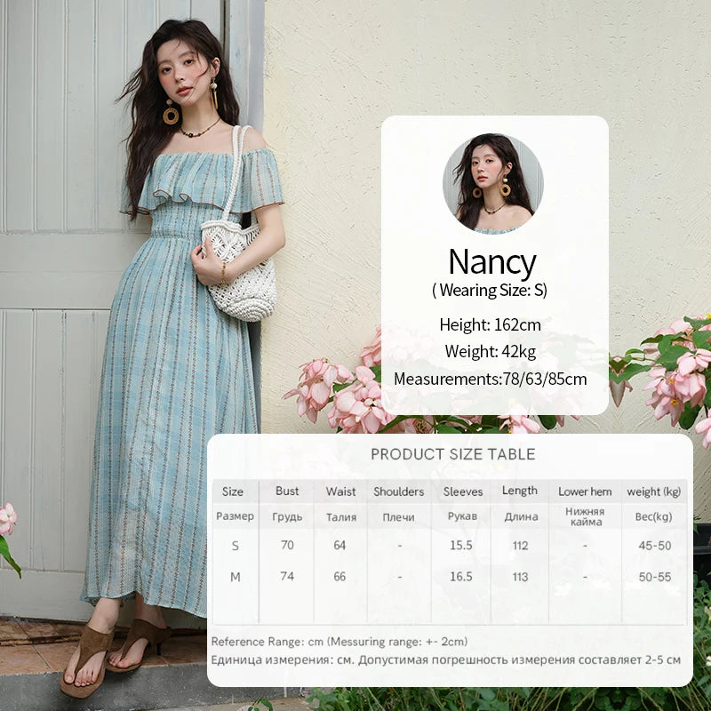 MISHOW Women's Fashion Slash Neck Chiffon Dress 2025 Ladies Elegant Vacation Striped French Dresses Female Clothing MXE39L2380