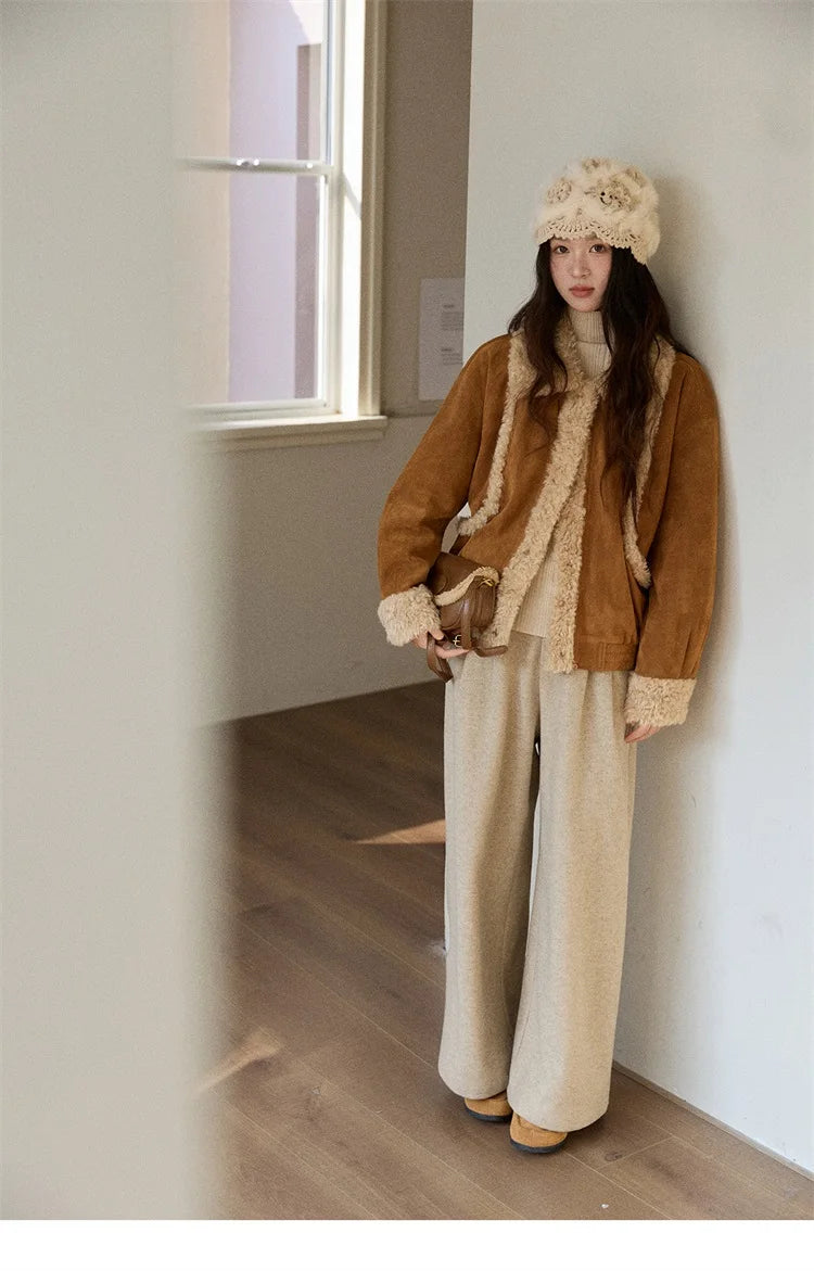 MISHOW Woman Short Jacket 2025 Winter Retro Brown Suede Patchwork Fur Coat Loose Faux Lambswool Turn Down Collar Coat MXE89W0895