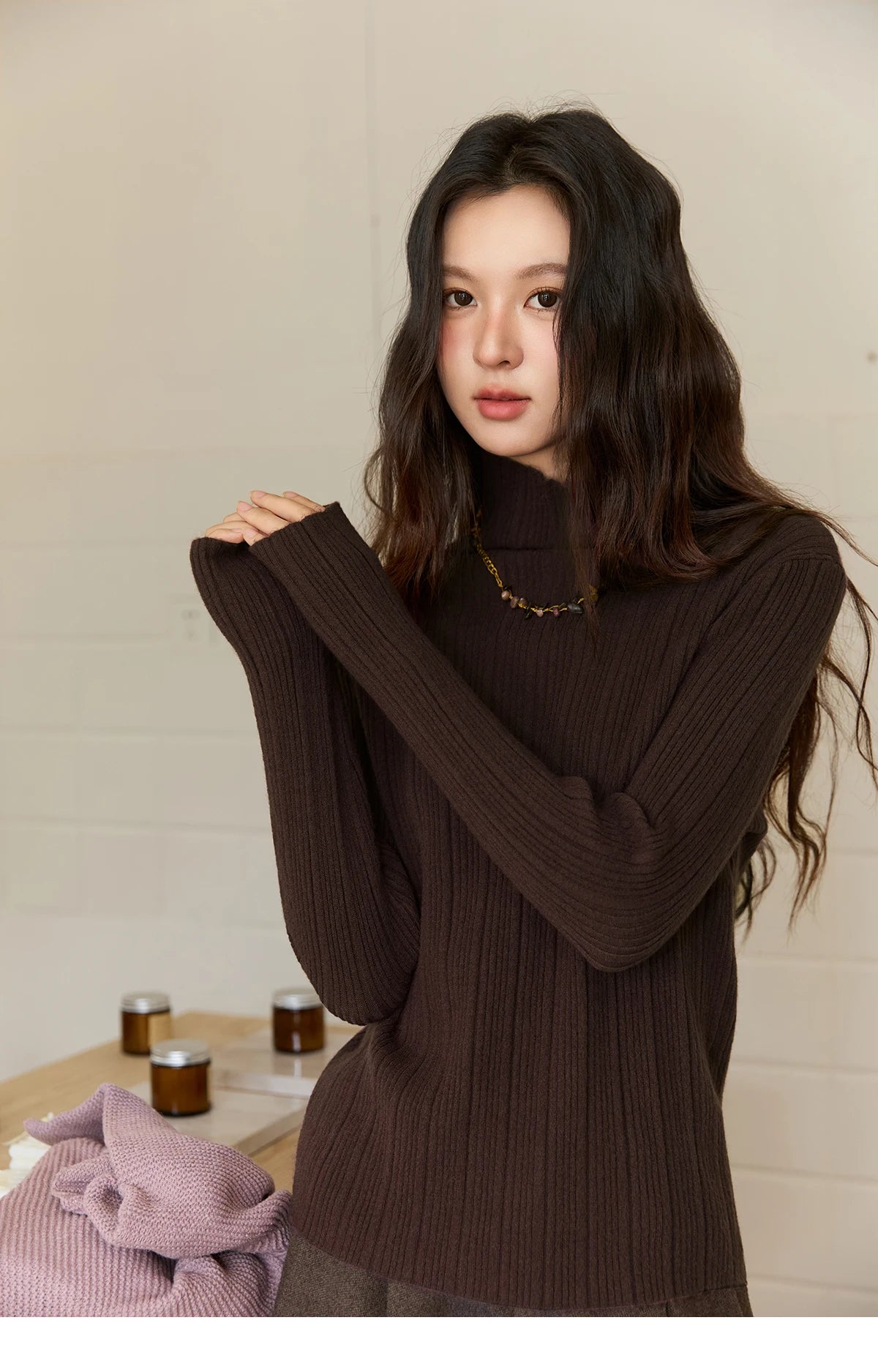 MISHOW Women's Long-sleeved Tops 2025 Winter Simple Solid Turtleneck Sweater Vertical Ribbed Slim Fit Casual Top MXE86Z2656