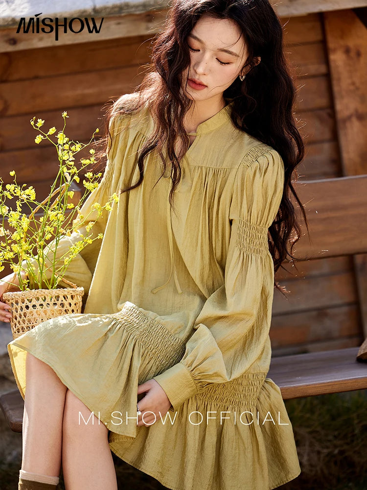 MISHOW Folded Lace Up Dress for Women Spring 2025 Solid V-neck Loose Chiffon Doll Dress Puff Sleeve Knee-Length Dress MXE11L2113