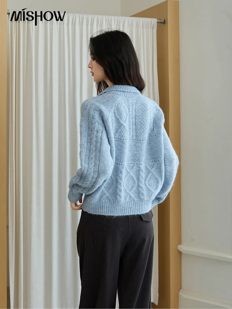 MISHOW Knitted Cardigan Women 2025 Autumn Winter Simple Turn-down Collar Loose Comfortable Single-breasted Sweater MXE48Z2611