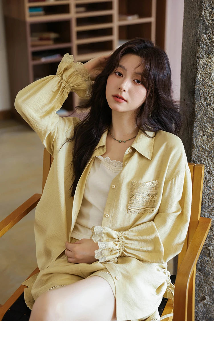 MISHOW Yellow Linen Three Piece Solid Splicing Lace Shirt Camisole Elastic Waist Shorts Vintage Hollowed Out Lace Set MXE42T0718