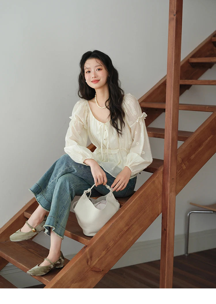 MISHOW Women's Fashion Cashew Flower Embroidered Blouse 2025 Autumn V-neck Lace Up Puff Sleeve Ladies Elegant Top MXE41X1945