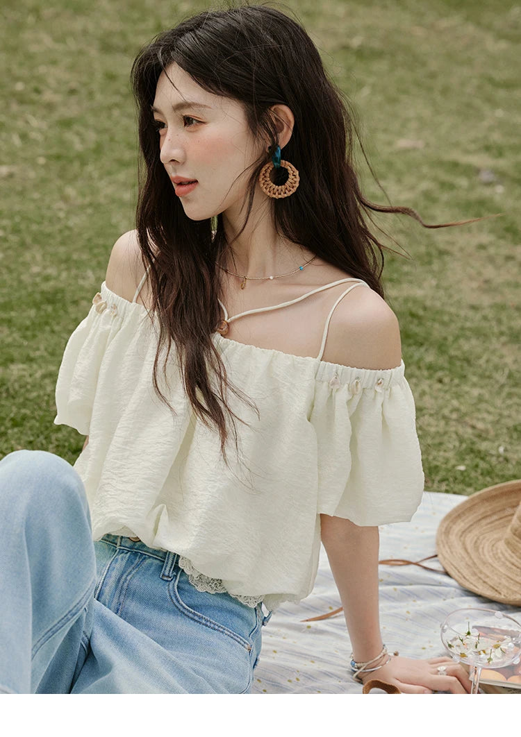 MISHOW French Summer Camisole Shirt Female 2025 New Solid Off-shoulder Short Sleeve Lace Tops Fashion Gentle Blouses MXE33X1755