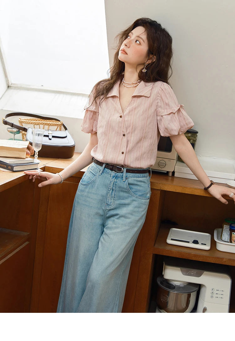 MISHOW Ladies Fashion Puff Sleeve Striped Shirt 2025 Summer New Commute Retro Turn-down Collar Top Women's Clothing MXE37C0808