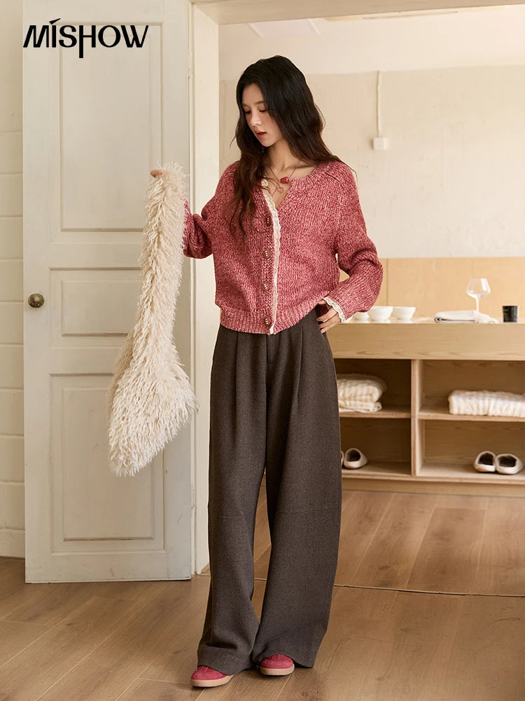 MISHOW Knitted Cardigan Women 2025 Autumn Winter Elegant Lace V-neck Single-breasted Sweater Commute Long Sleeves Top MXE51Z2548