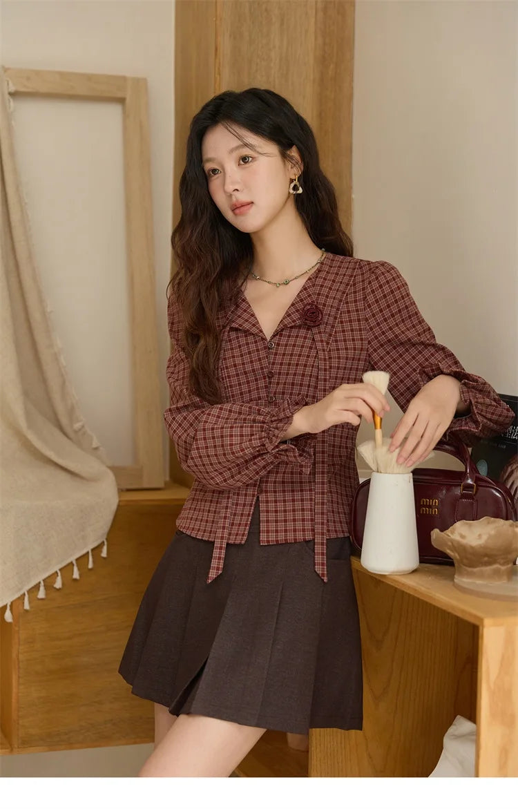 MISHOW Women's Red Tied Plaid Shirt 2025 Autumn New Arrival Sweet 3D Floral Turn-Down Collar Long-Sleeve Blouse Women MXE45X2481