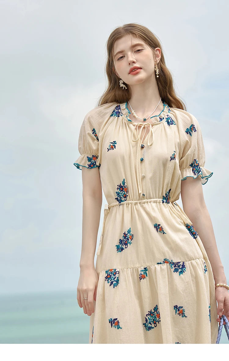 MISHOW French Romantic Dress 2024 Summer Women Embroidered Flower Fairycore Dresses Elastic Waist Drawstring Dress MXD24L1835