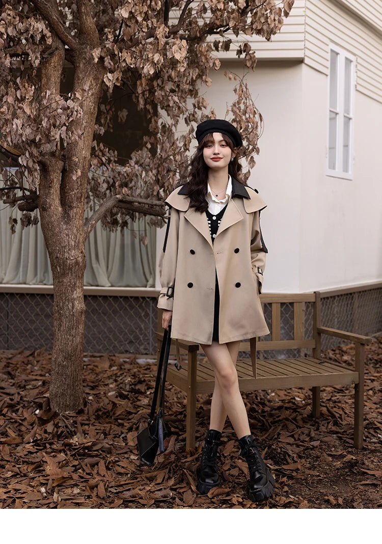 MISHOW Trench Coats for Women Autumn Korean Office Lady Polo Collar Patchwork Long Mid-length Jacket Female Outerwear MXB33W0399