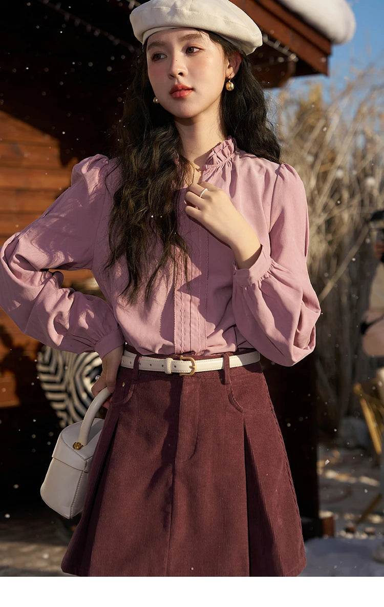 MISHOW French Autumn Winter Button Up Lantern Long Sleeve Shirts Women Ruffle Neck Thick Warm Blouse Flannel Shirt MXC56X1320