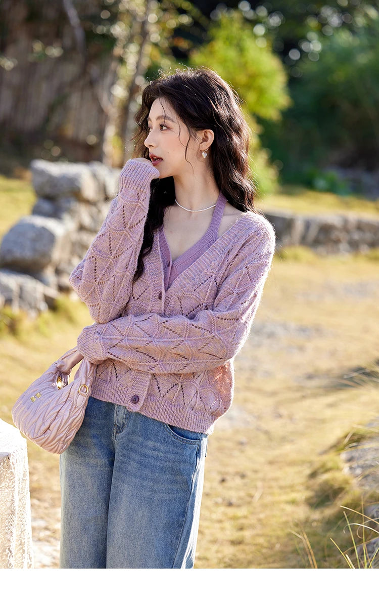 MISHOW French Knit Cardigan Women Separately 2025 Spring New Korean Casual Diamond Plaid Sweet V Neck Hollow Sweater MXE11Z1198