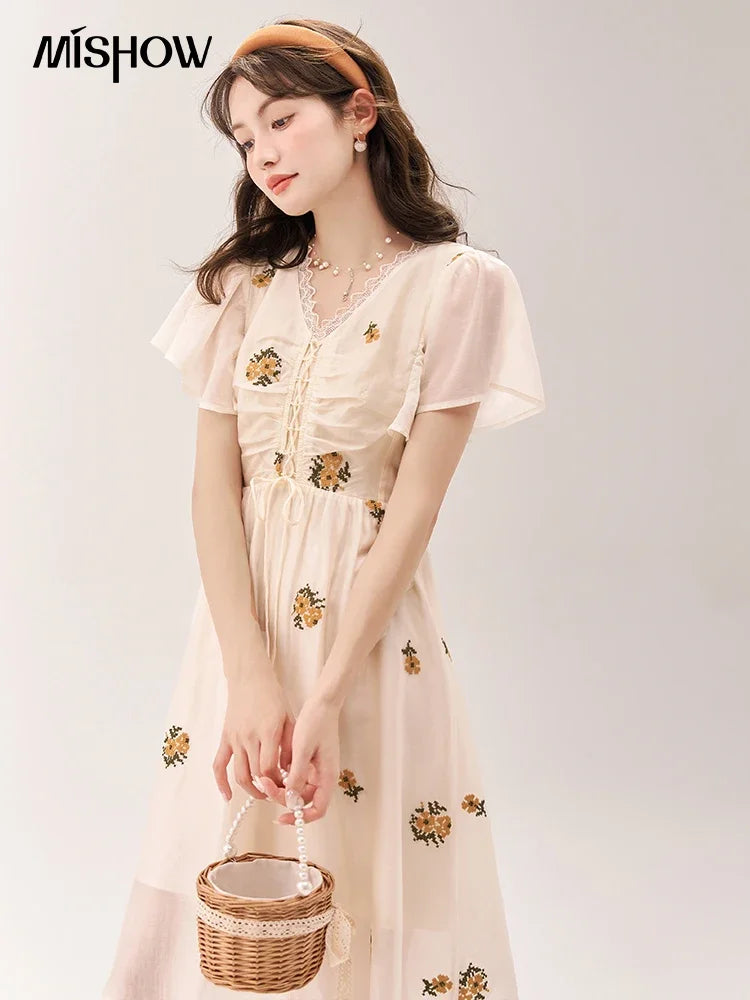 MISHOW [Van Gogh/Sunflower Collection] Embroidered Dress 2023 Summer Sweet Butterfly Sleeve V Neck Lace Splice Dress MXC39L1524