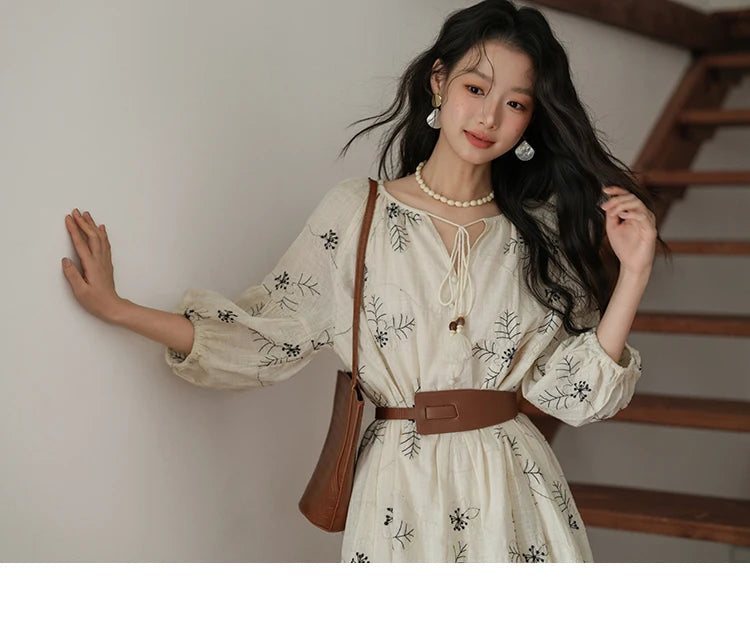 MISHOW Embroidered Doll Dress 2025 Seven Cent Lantern Sleeve Dress O-neck Tassel Lace-up Cotton Dress with Waist Belt MXE41L2480