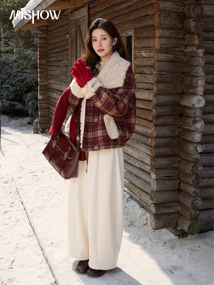 MISHOW Christmas Women's Retro Plaid Jacket 2025 Winter Large Lapel Tops Thickened Cotton-Padded Warm Short Coat MXE87W1004