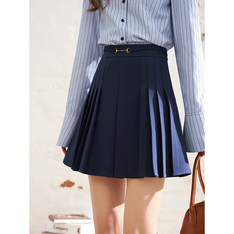 MISHOW Dark Blue Pleated Skirt 2024 Spring Fashionable Preppy Style Solid High Waist Metal Buckle Sweet A-line Skirts MXD12B0224