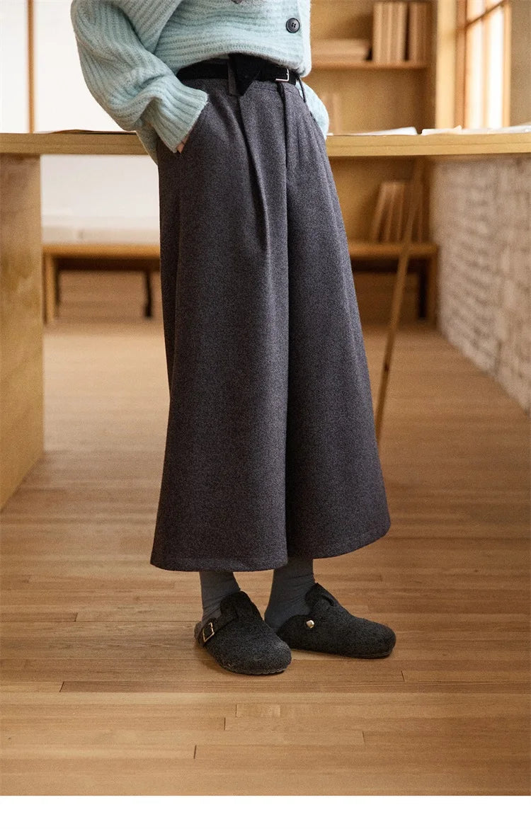 MISHOW Women's Pants 2025 Fashion Gray Wool Wide-leg Pants High-waisted Cropped Retro Style Commuting Pants Warm MXE90K1128