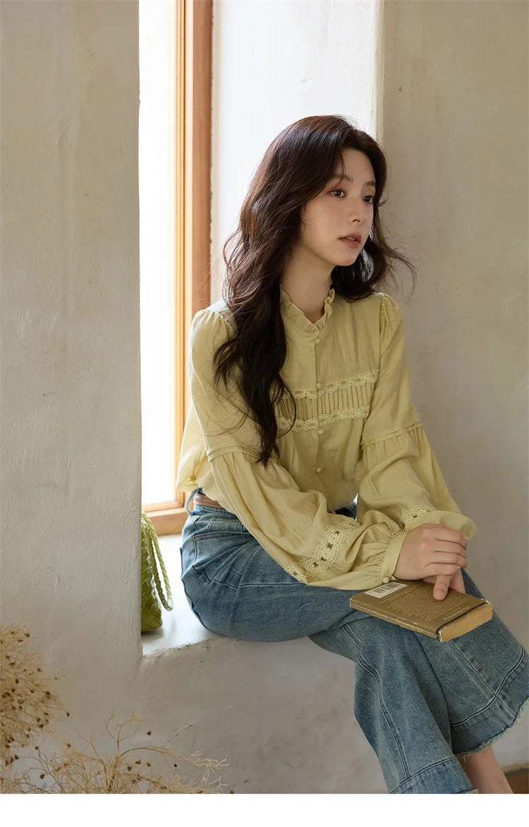 MISHOW Light Yellow Linen Solid Shirt 2025 Autumn Splicing Lace Hollow Sleeves Shirts Stand Collar Top Office Lady MXE42X1976