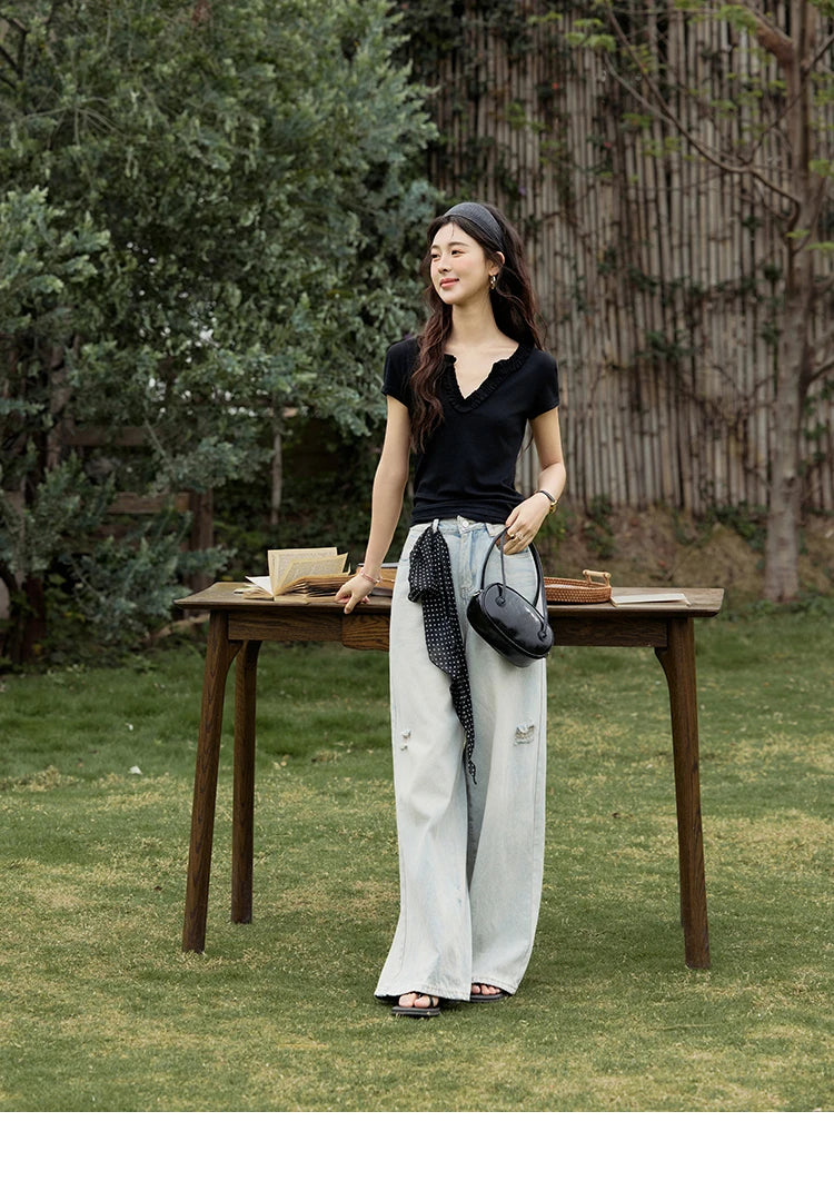 MISHOW Casual Summer T-shirts Women New 2025 Short Sleeve V-neck  Solid Straight Shoulder Slimming Shirt Female Thin MXE35T0562