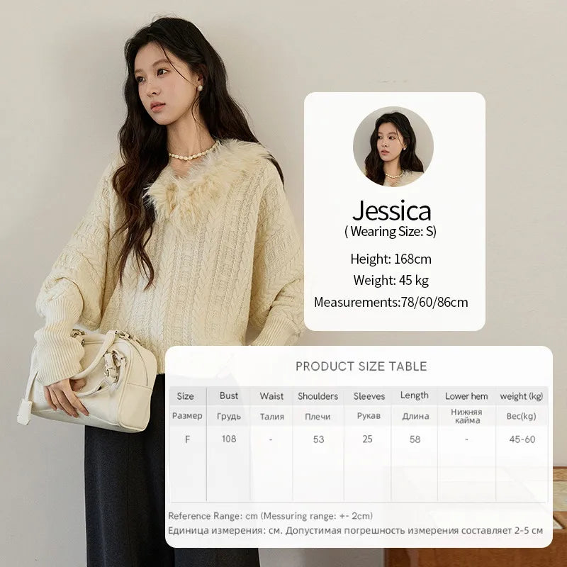 MISHOW Women's Batwing Sleeve KnittedSweater 2025 Winter Faux Fur Collar Cable Knit Puff Sleeve Warm Pullover Tops MXE94Z2985