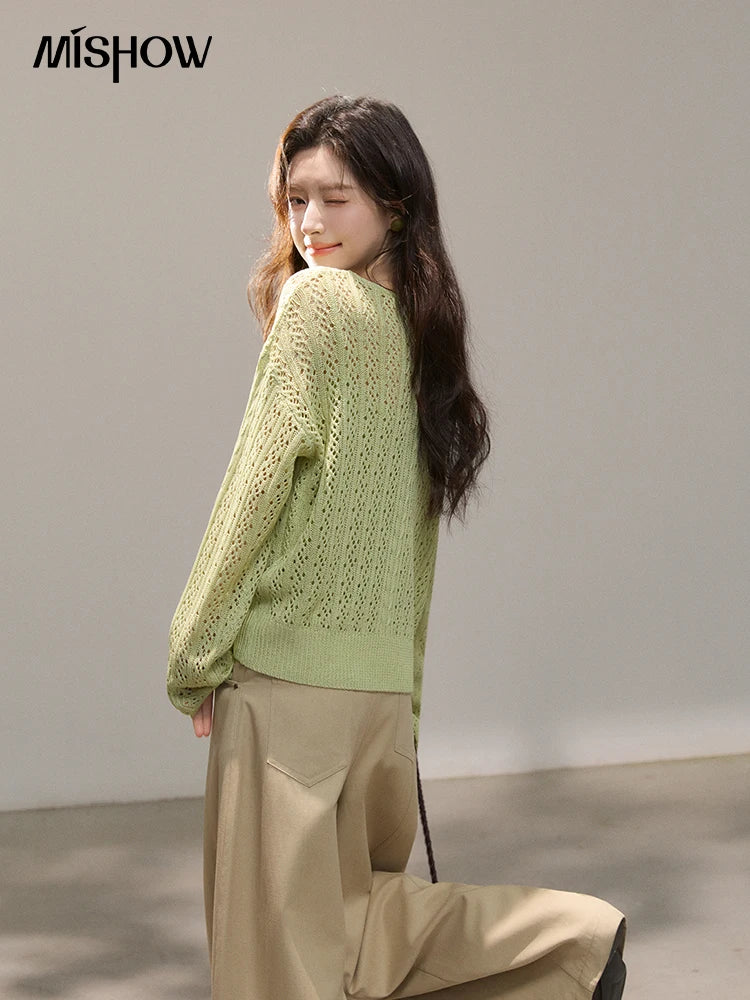 MISHOW Women's Hollow Out Cable Knit Tops with Camisole Two Piece Set Spring Loose Casual Breathable Green Sweater MXF16T1524