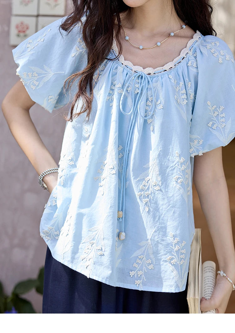 MISHOW Blue Pure Cotton Embroidered Blouses 2025 Summer Wave Edged O-neck Tops Contrasting Lace Up Loose Doll Blouses MXE35X1791