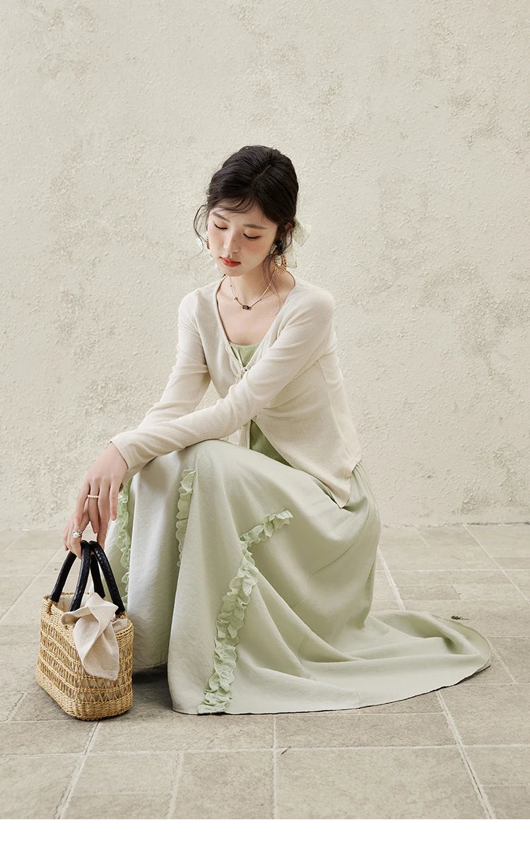 MISHOW Women's Fake Two Patchwork Knitted Spring 2025 Contrast Drawstring Strap Lace-up Tops Retro V-neck Thin Top MXE15Z1185