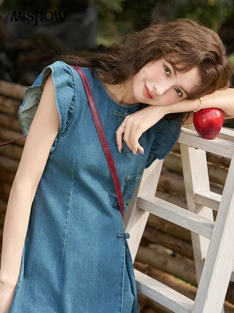 MISHOW Chinese Flying Sleeve Split Denim Dress 2024 Side Flap Buckle Round Neck Denim Waist Loose Knee-Length Dresses MXD22L1851