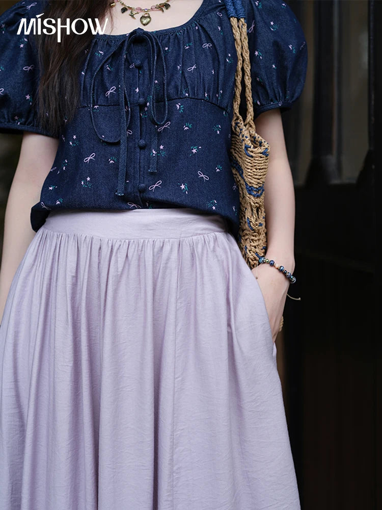 MISHOW Casual Half Skirt for Women 2025 Summer New Office Lady Fashion High Waist Pocket Female Purple Pleated Skirt MXE39B2366