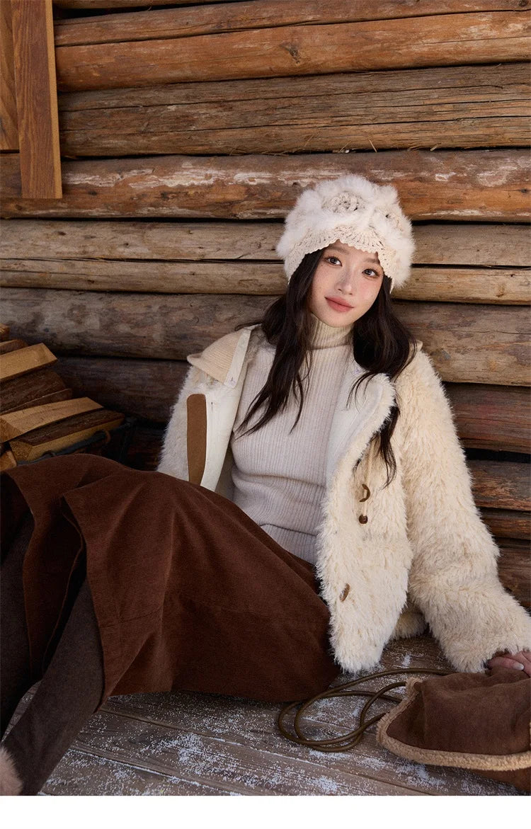 MISHOW Winter Jacket Women 2025 Fashion Beige Knitted Hooded Plush Coat Casual Commute Warm Windproof Short Coat MXE86W0908